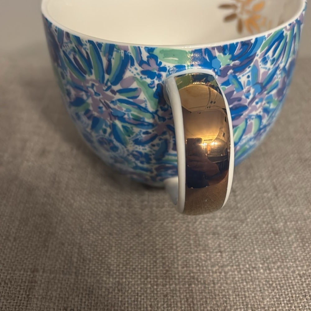 Lilly Pulitzer Coffee Mug Blue Floral High Maintenance Gold Ceramic 12 oz - Picture 3 of 6